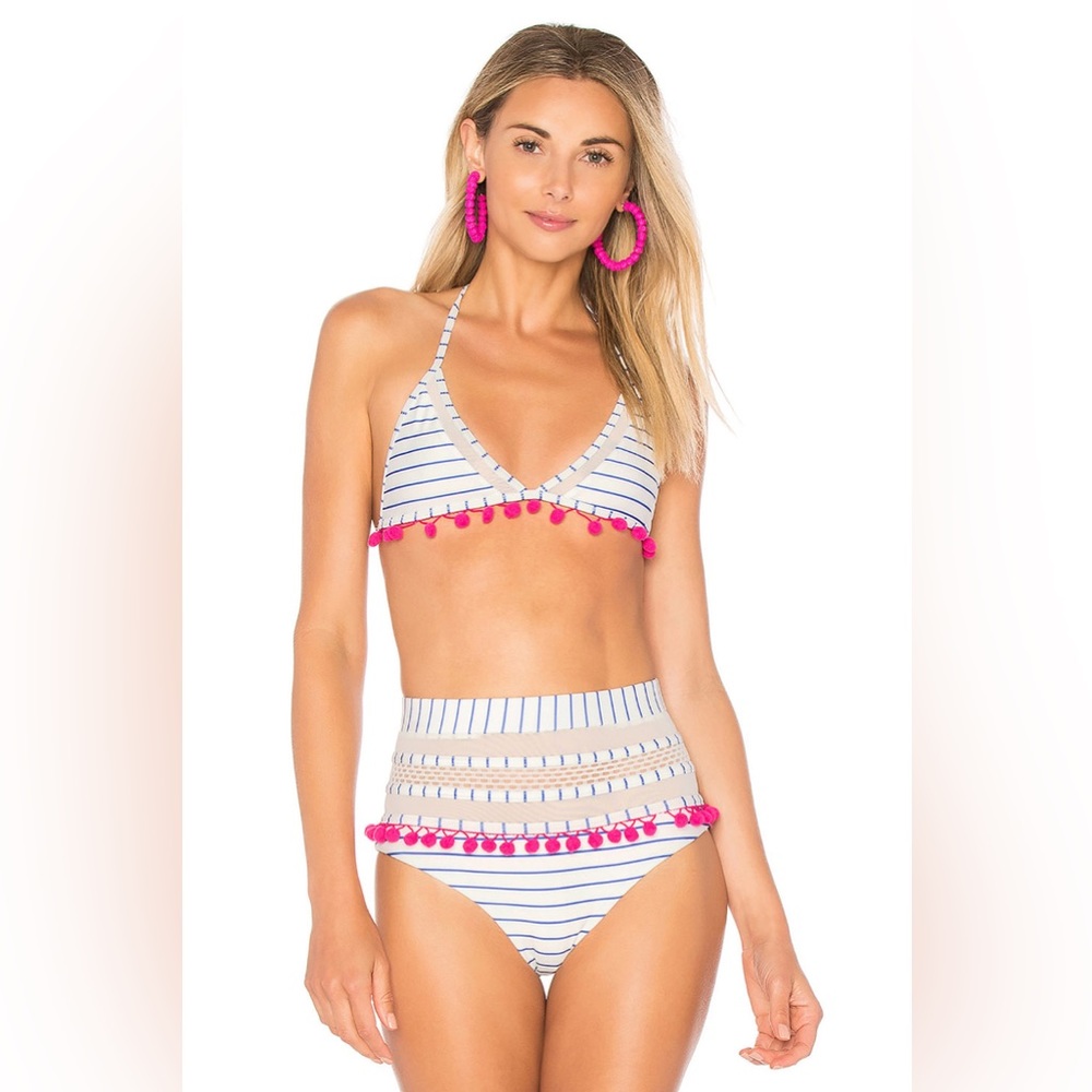 Tularosa Nina Bikini Set in Blue Stripe and Pink Pom Pom Size Small